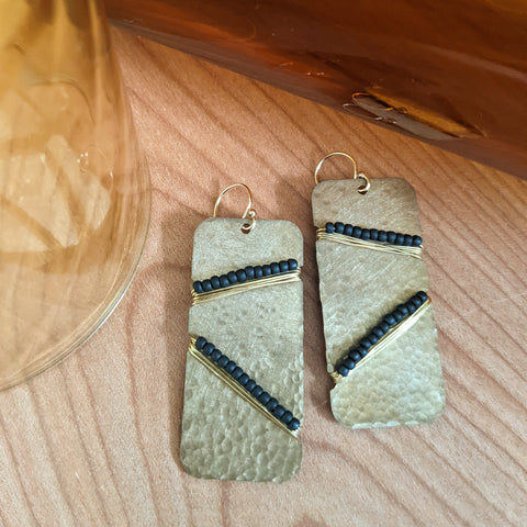 Hammered Brass and Black Bead Earrings