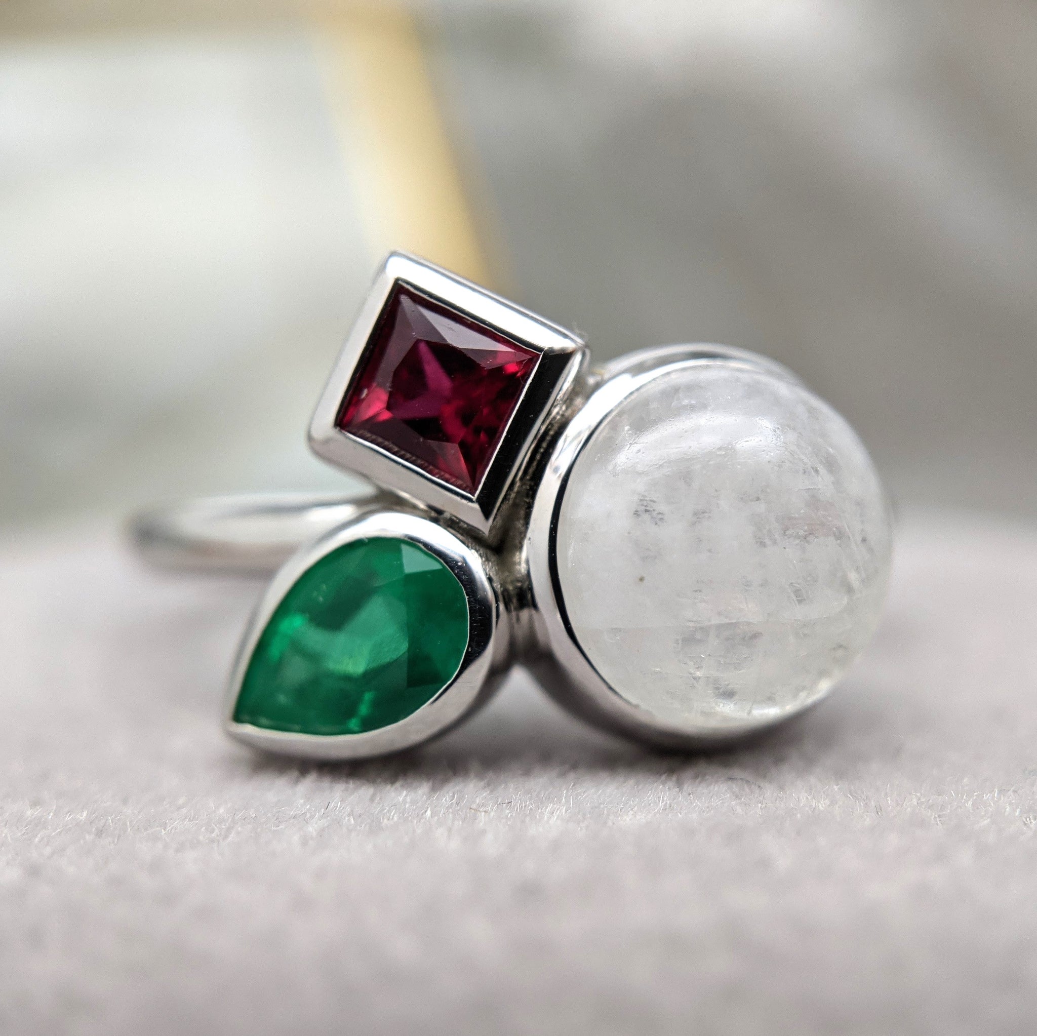 Katie's Birthstone Ring with Moonstone, Ruby, and Emerald