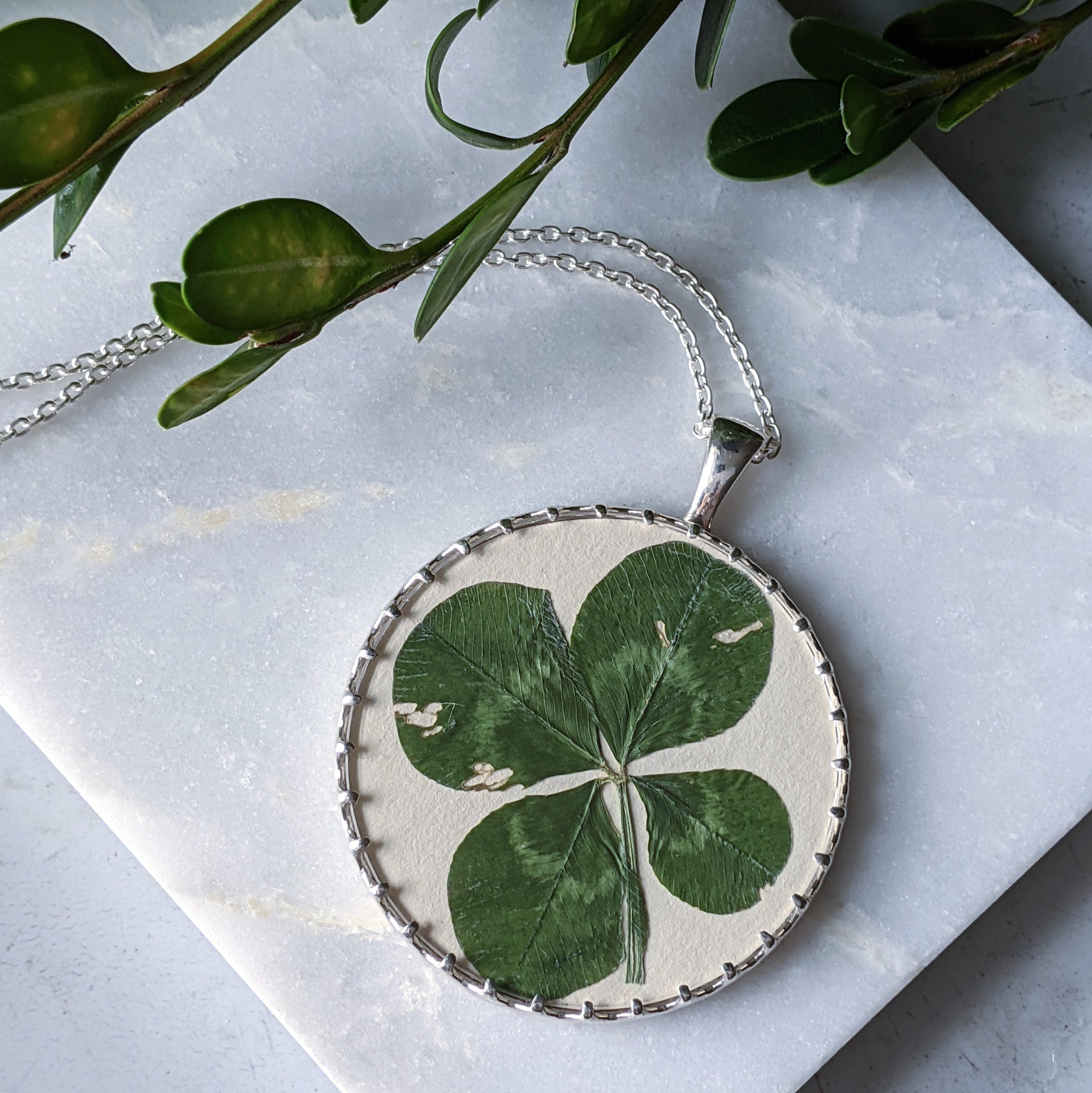Pressed four leaf clover in a sterling silver and glass pendant. The pendant sits atop a marble slab, with green leaves along the top of the image.